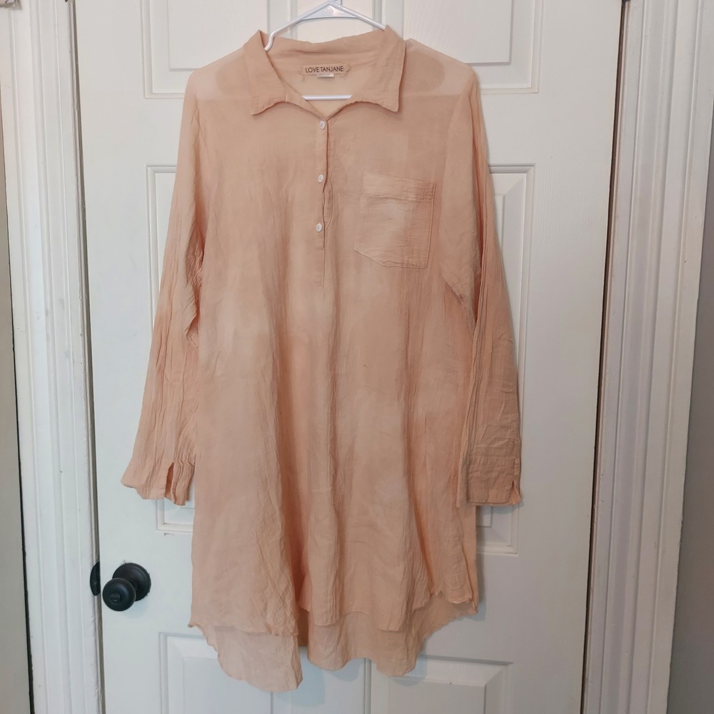 Love Tanjane XS Peach Cotton Gauze Hand Dyed Tunic Shirt Dress Made in USA
